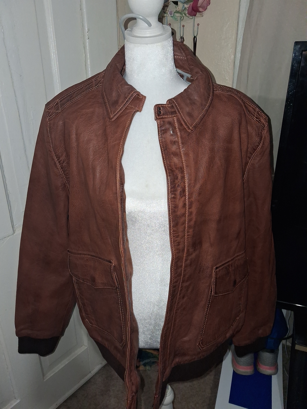 Bronco A-2 Style Men's Military Leather Jacket - Brown - Picture 5 of 9